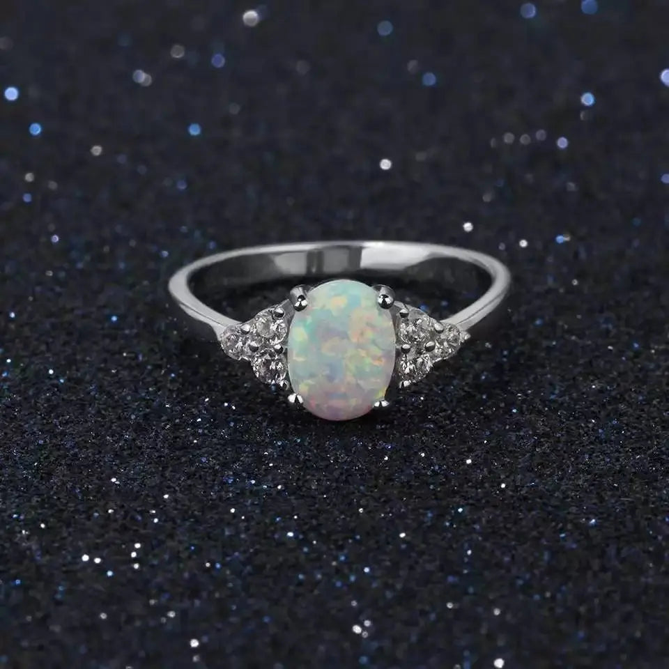 Women 925 Sterling Silver Rings Oval White Opal Ring with Zirconia - JettsJewelers