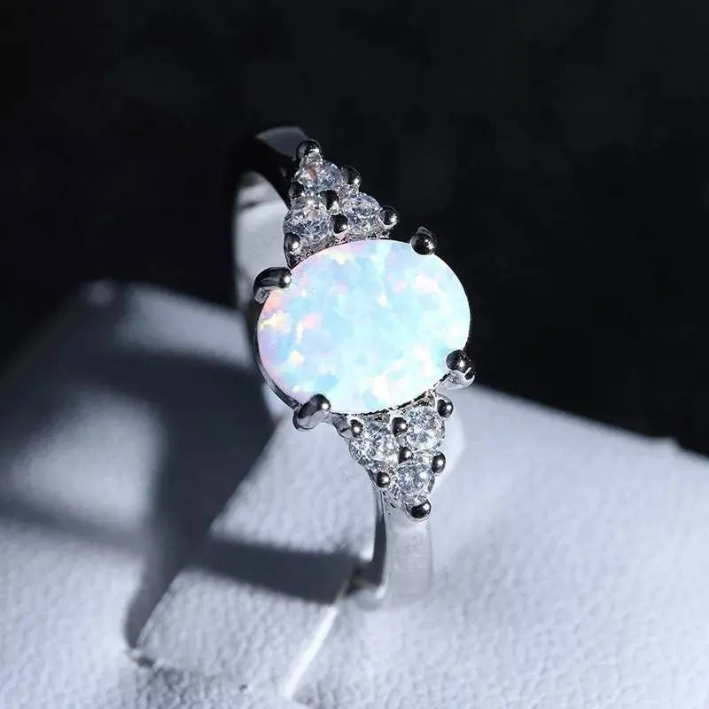 Women 925 Sterling Silver Rings Oval White Opal Ring with Zirconia - JettsJewelers
