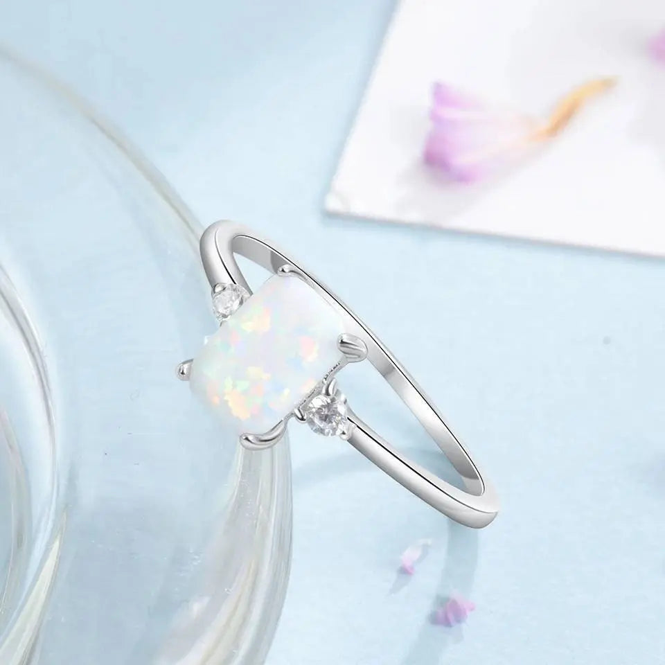 Women 925 Sterling Silver Rings Rectangular White Opal Ring with Zircon - JettsJewelers