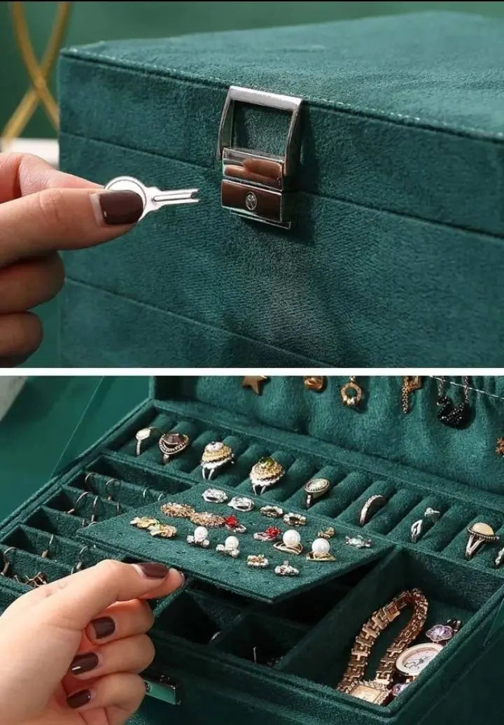 Women Jewelry Organizer Box, 3-Layer Velvet Jewelry Boxes Display Storage Case with Lock for Rings Necklace Earrings - JettsJewelers