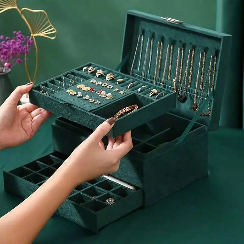 Women Jewelry Organizer Box, 3-Layer Velvet Jewelry Boxes Display Storage Case with Lock for Rings Necklace Earrings - JettsJewelers