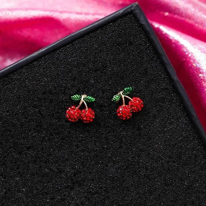 Women's Red Fruit Stud Earrings Ultra Light - Lead and Nickle Free Enamel & Crystals - Red Fruit Charm Piercing Jewelry Cherry Strawberry - JettsJewelers