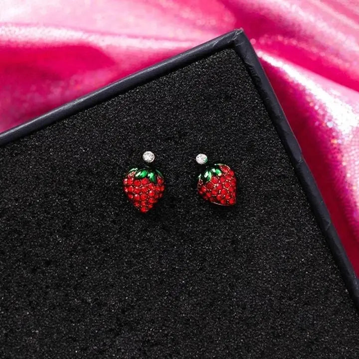 Women's Red Fruit Stud Earrings Ultra Light - Lead and Nickle Free Enamel & Crystals - Red Fruit Charm Piercing Jewelry Cherry Strawberry - JettsJewelers