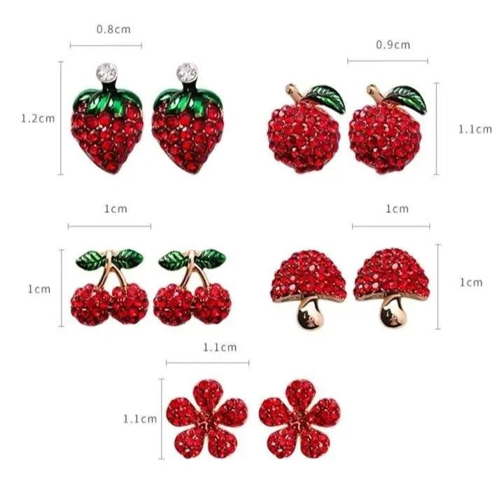 Women's Red Fruit Stud Earrings Ultra Light - Lead and Nickle Free Enamel & Crystals - Red Fruit Charm Piercing Jewelry Cherry Strawberry - JettsJewelers