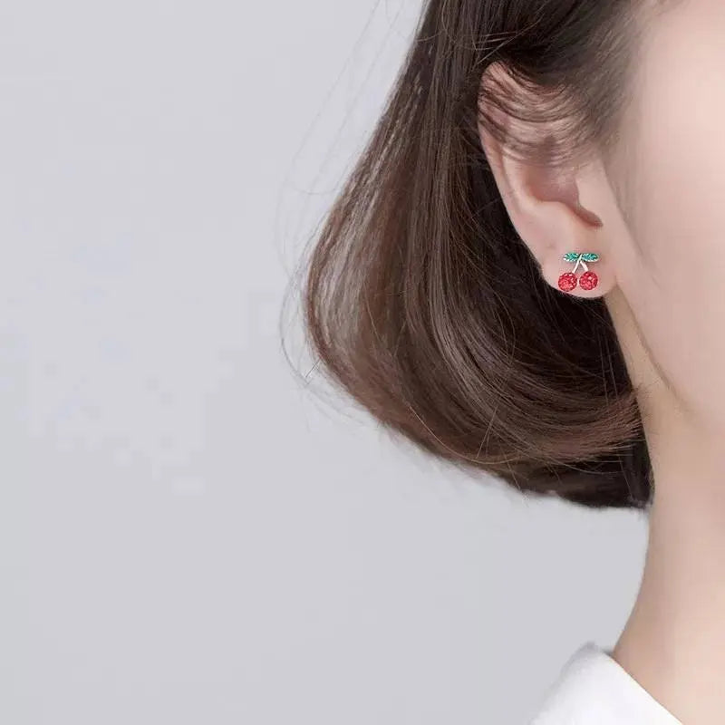 Women's Red Fruit Stud Earrings Ultra Light - Lead and Nickle Free Enamel & Crystals - Red Fruit Charm Piercing Jewelry Cherry Strawberry - JettsJewelers