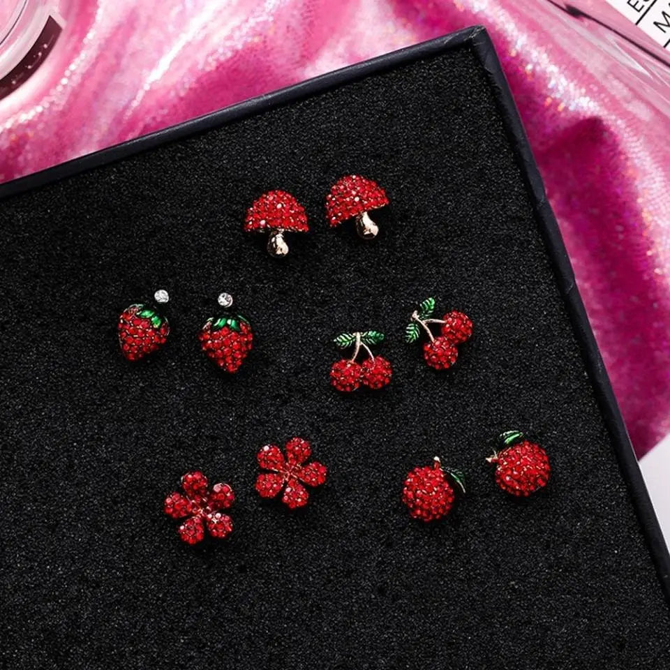 Women's Red Fruit Stud Earrings Ultra Light - Lead and Nickle Free Enamel & Crystals - Red Fruit Charm Piercing Jewelry Cherry Strawberry JettsJewelers