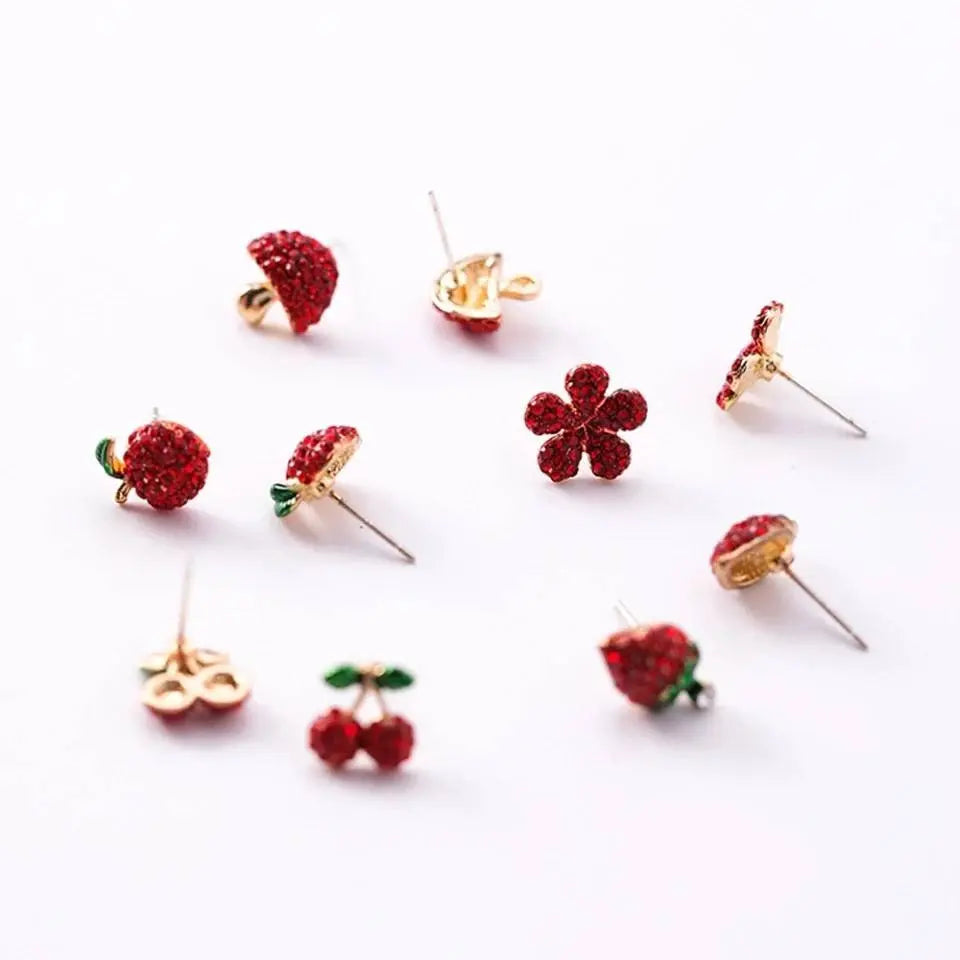 Women's Red Fruit Stud Earrings Ultra Light - Lead and Nickle Free Enamel & Crystals - Red Fruit Charm Piercing Jewelry Cherry Strawberry JettsJewelers