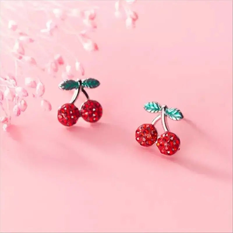 Women's Red Fruit Stud Earrings Ultra Light - Lead and Nickle Free Enamel & Crystals - Red Fruit Charm Piercing Jewelry Cherry Strawberry JettsJewelers