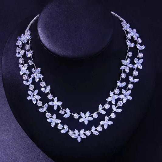 Womens 2 Layered Flower Cubic Zirconia Necklace JettsJewelers