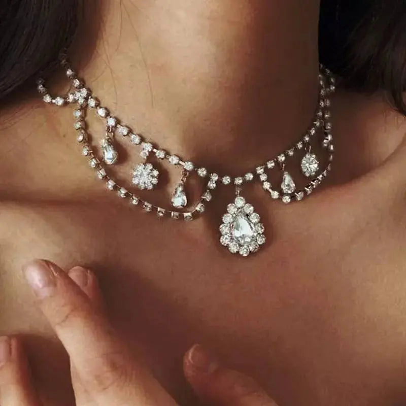 Womens Decor Multi-layered Drop Rhinestone Gem Pendants Necklace Choker JettsJewelers