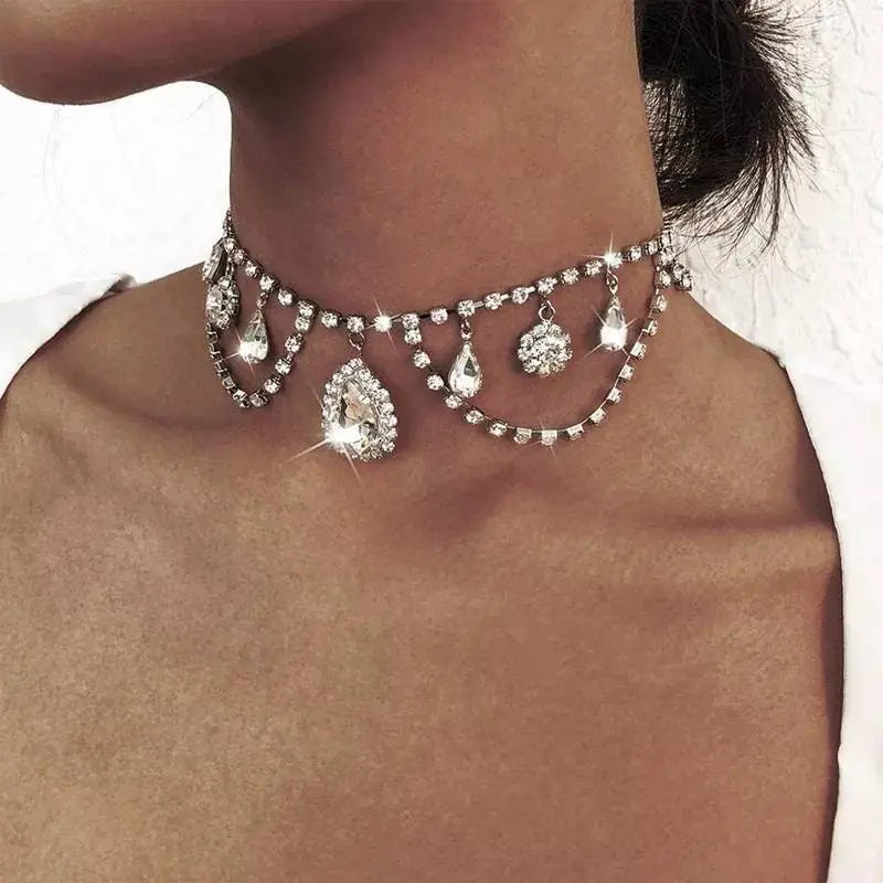 Womens Decor Multi-layered Drop Rhinestone Gem Pendants Necklace Choker JettsJewelers