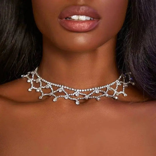 Womens Decor Web Drop Water Rhinestone Gem Pendants Necklace Choker Statement Necklace JettsJewelers