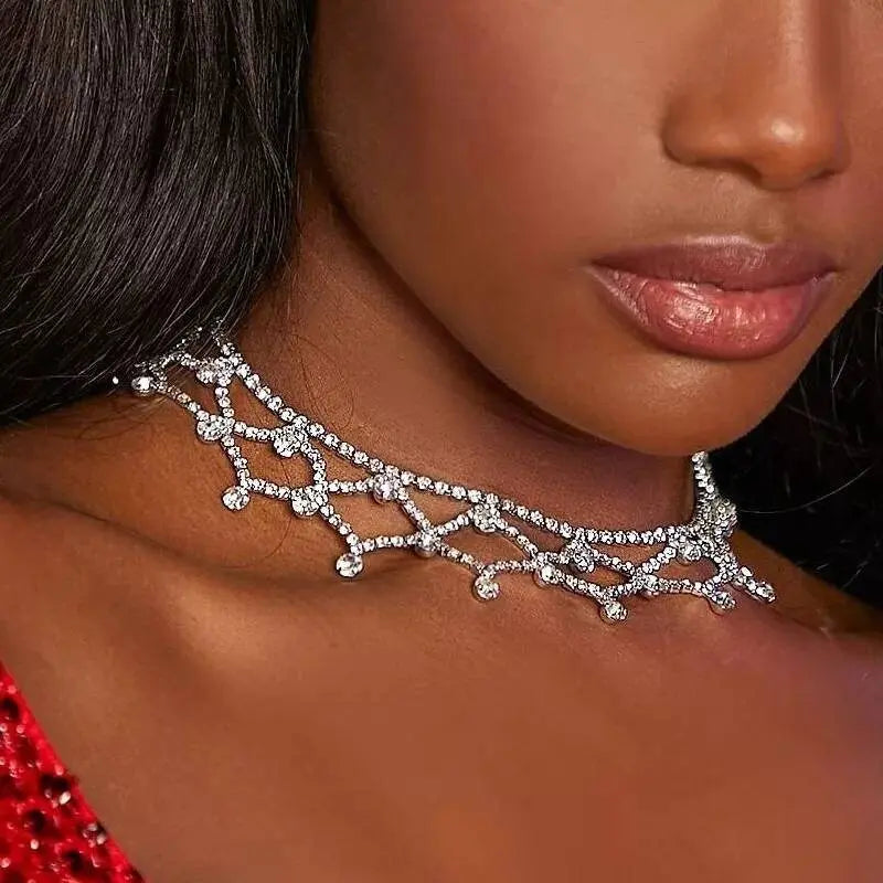 Womens Decor Web Drop Water Rhinestone Gem Pendants Necklace Choker Statement Necklace JettsJewelers