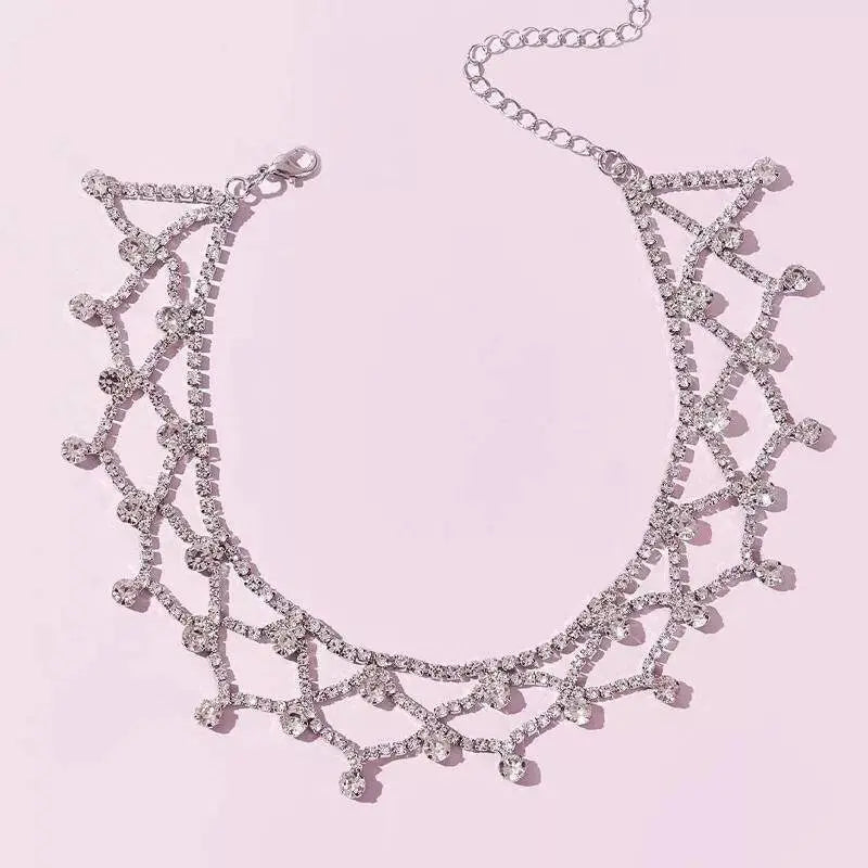 Womens Decor Web Drop Water Rhinestone Gem Pendants Necklace Choker Statement Necklace JettsJewelers