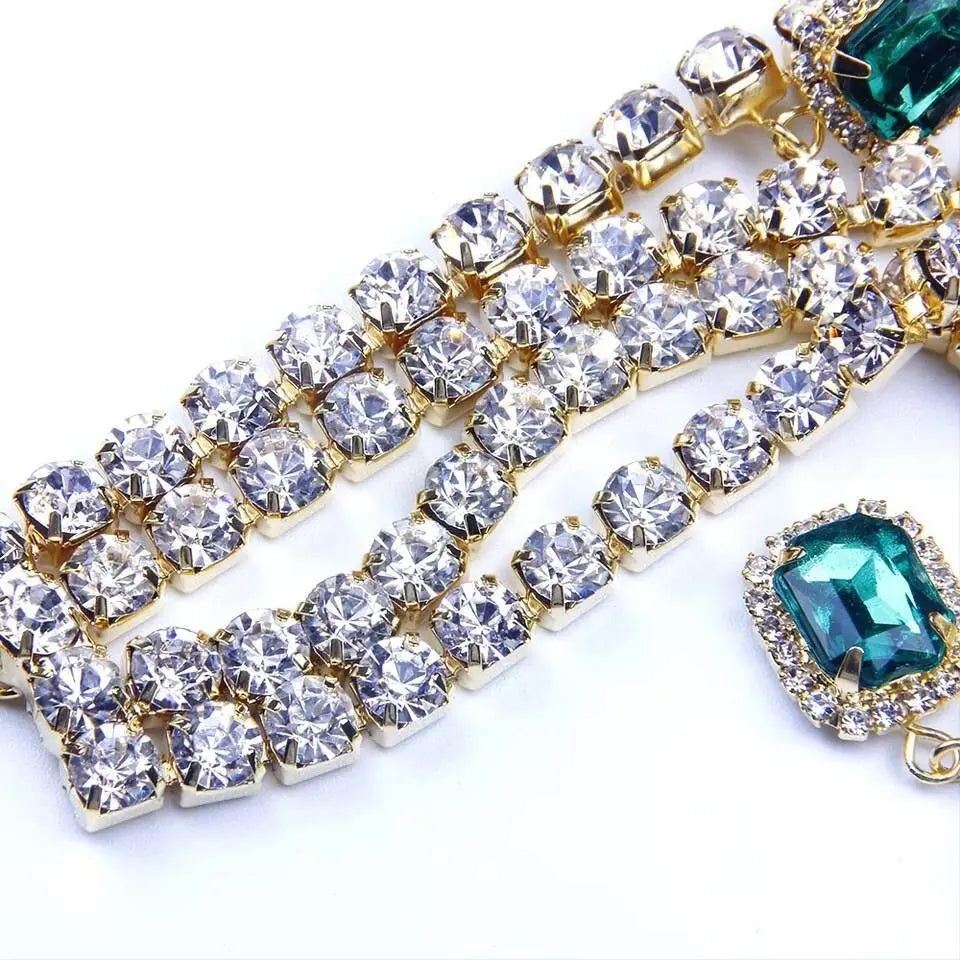 Womens Multi-layered Rhinestone Green Gem Pendant Necklace Round Emerald Necklace Statement Necklace JettsJewelers