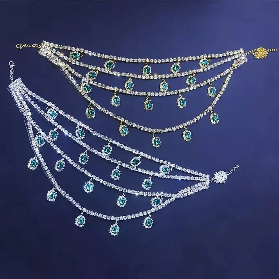 Womens Multi-layered Rhinestone Green Gem Pendant Necklace Round Emerald Necklace Statement Necklace JettsJewelers