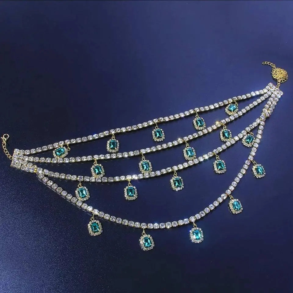 Womens Multi-layered Rhinestone Green Gem Pendant Necklace Round Emerald Necklace Statement Necklace JettsJewelers