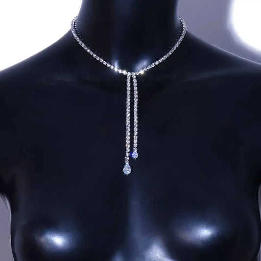 Womens Rhinestone Chain Long Tassel Necklace Crystal Collar Necklace Choker JettsJewelers