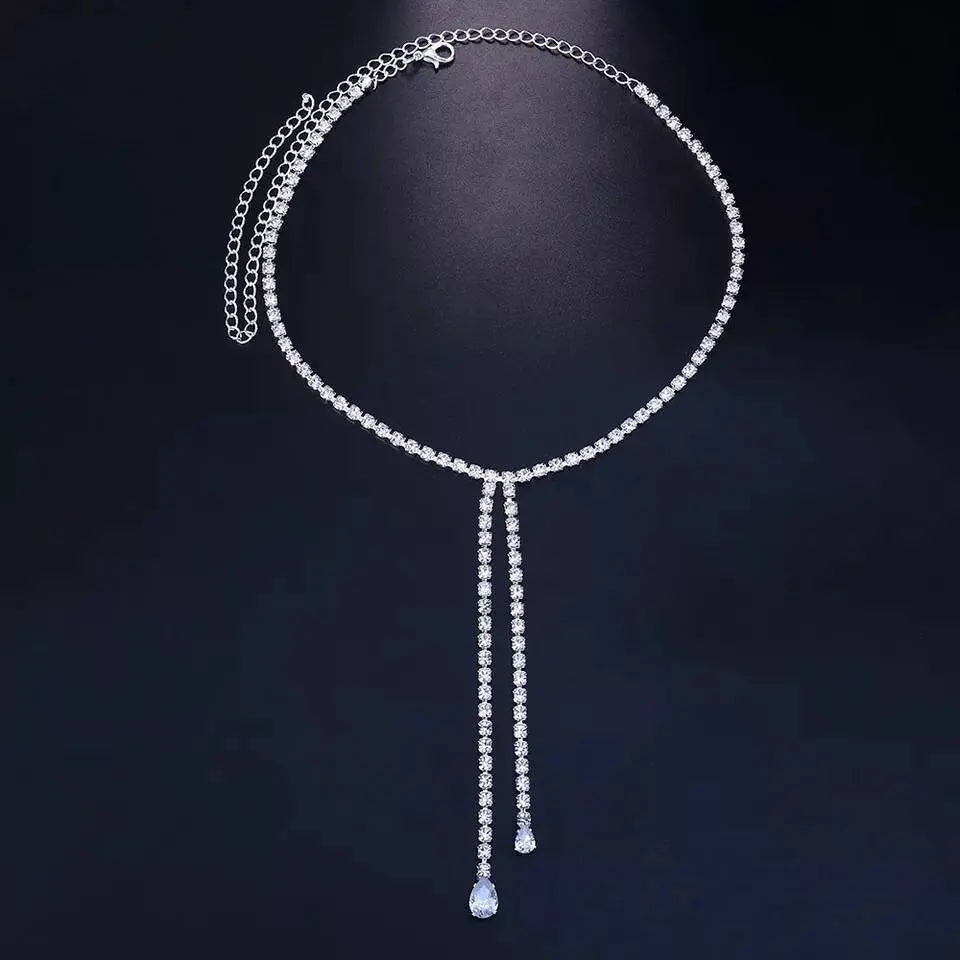 Womens Rhinestone Chain Long Tassel Necklace Crystal Collar Necklace Choker JettsJewelers