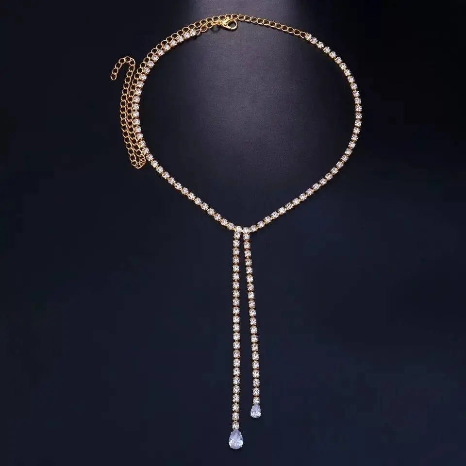 Womens Rhinestone Chain Long Tassel Necklace Crystal Collar Necklace Choker JettsJewelers