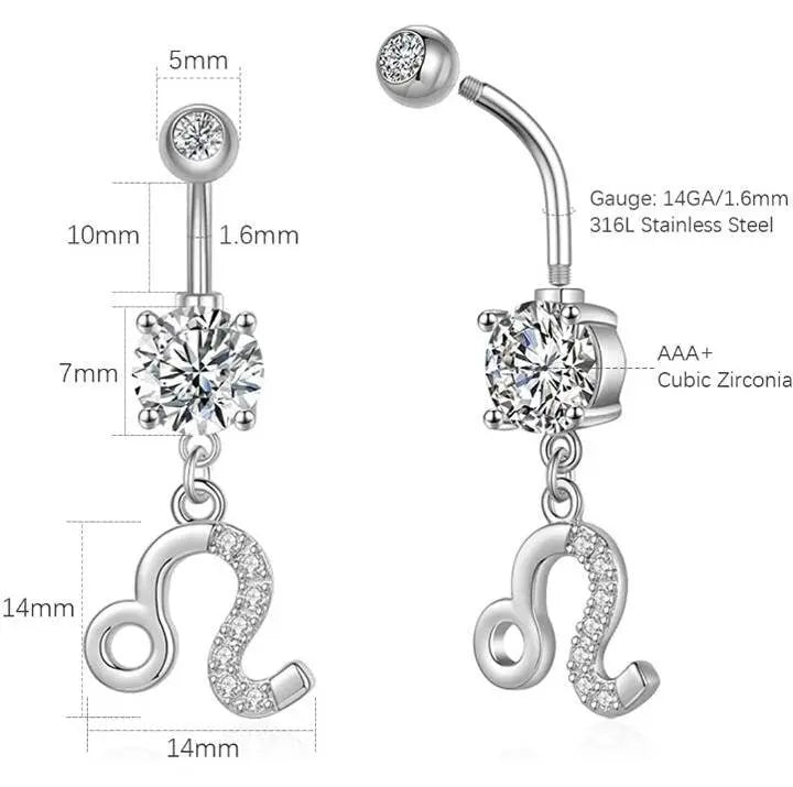 Zodiac Sign Belly Button Rings 316L Surgical Steel Belly Rings, 14G Butterfly Belly Button Ring Dangling CZ Belly Piercing Jewelry for Women JettsJewelers