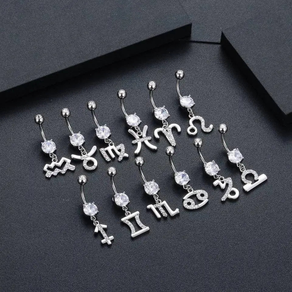 Zodiac Sign Belly Button Rings 316L Surgical Steel Belly Rings, 14G Butterfly Belly Button Ring Dangling CZ Belly Piercing Jewelry for Women JettsJewelers