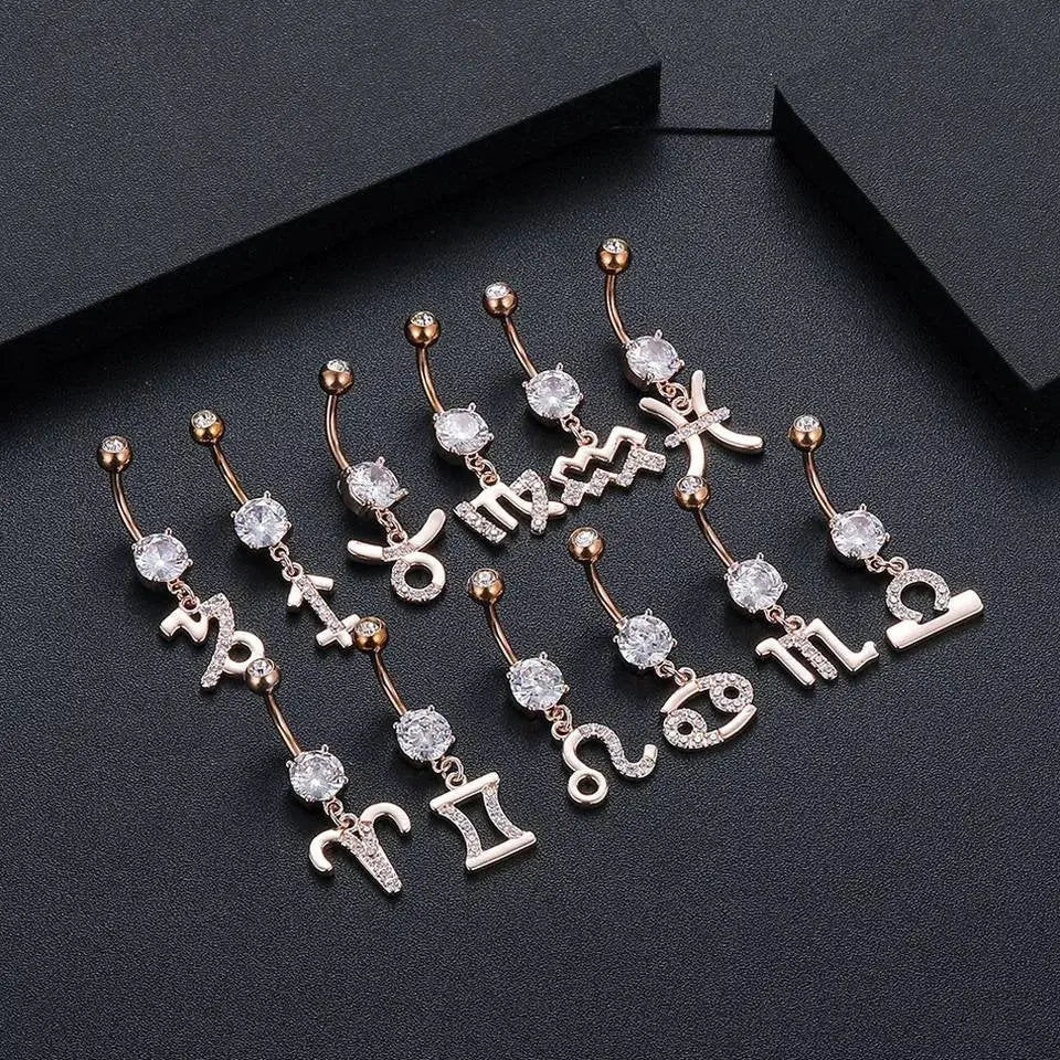 Zodiac Sign Belly Button Rings 316L Surgical Steel Belly Rings, 14G Butterfly Belly Button Ring Dangling CZ Belly Piercing Jewelry for Women JettsJewelers