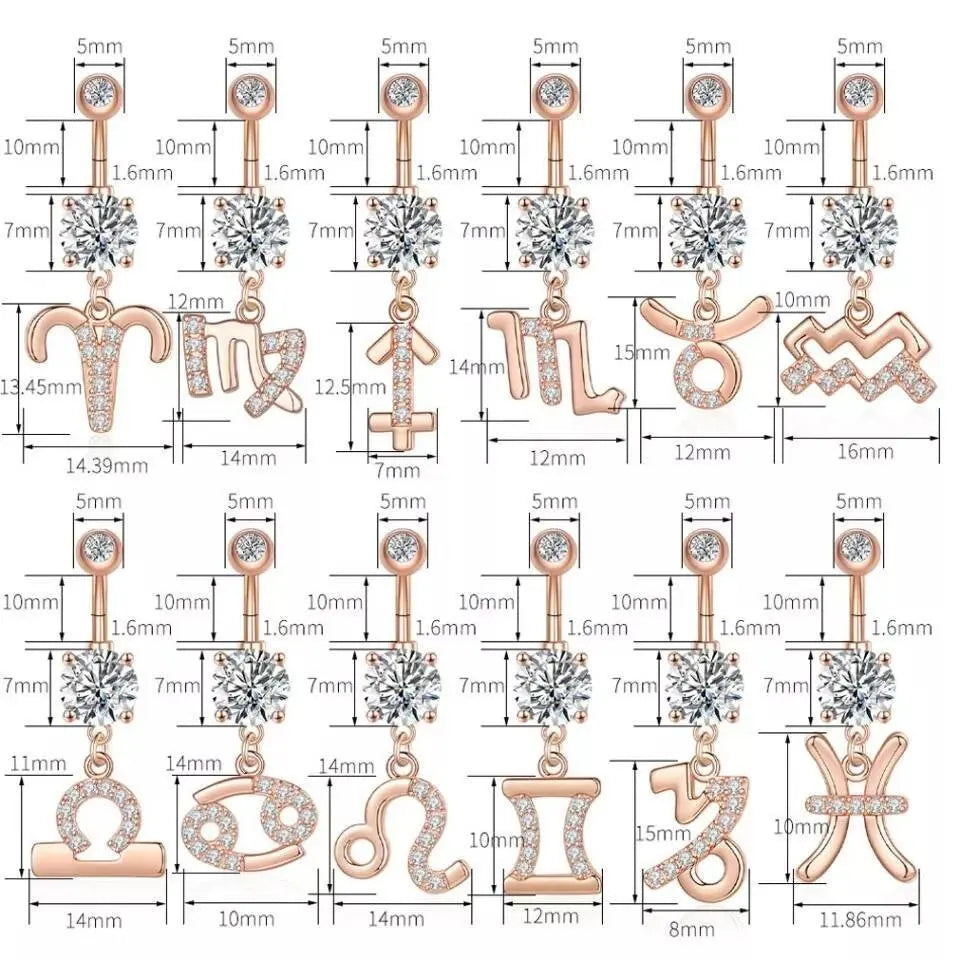 Zodiac Sign Belly Button Rings 316L Surgical Steel Belly Rings, 14G Butterfly Belly Button Ring Dangling CZ Belly Piercing Jewelry for Women JettsJewelers