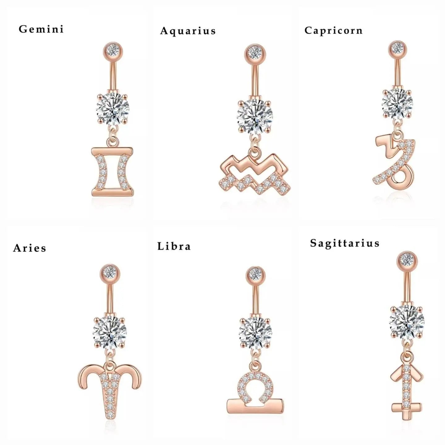 Zodiac Sign Belly Button Rings 316L Surgical Steel Belly Rings, 14G Butterfly Belly Button Ring Dangling CZ Belly Piercing Jewelry for Women JettsJewelers