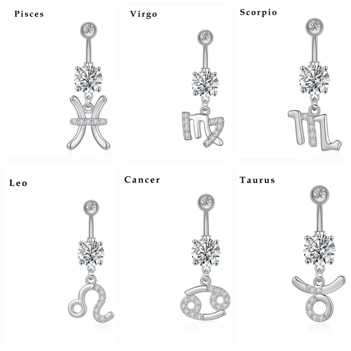Zodiac Sign Belly Button Rings 316L Surgical Steel Belly Rings, 14G Butterfly Belly Button Ring Dangling CZ Belly Piercing Jewelry for Women JettsJewelers