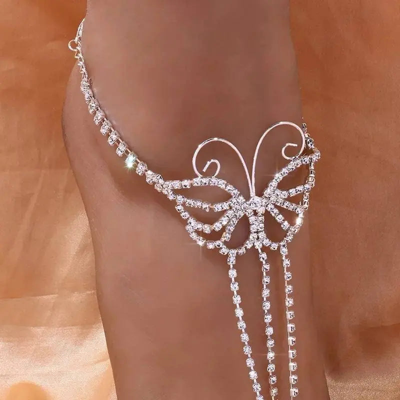 1 pc Butterfly Adjustable Chain Barefoot Sandals Beach Wedding Jewelry Anklet with Rhinestone Toe Ring Leaf Bridal Toe JettsJewelers