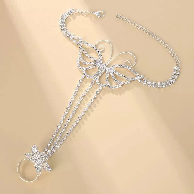 1 pc Butterfly Adjustable Chain Barefoot Sandals Beach Wedding Jewelry Anklet with Rhinestone Toe Ring Leaf Bridal Toe JettsJewelers