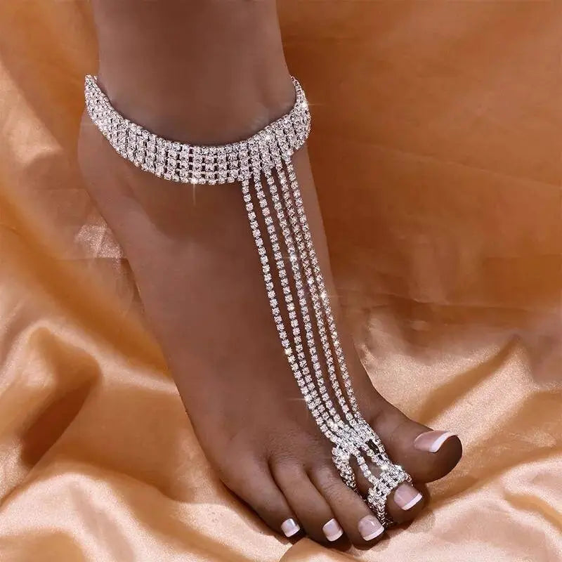 1 pc Multi-layeres Adjustable Chain Barefoot Sandals Beach Wedding Jewelry Anklet with Rhinestone Toe Ring Leaf Bridal Toe JettsJewelers
