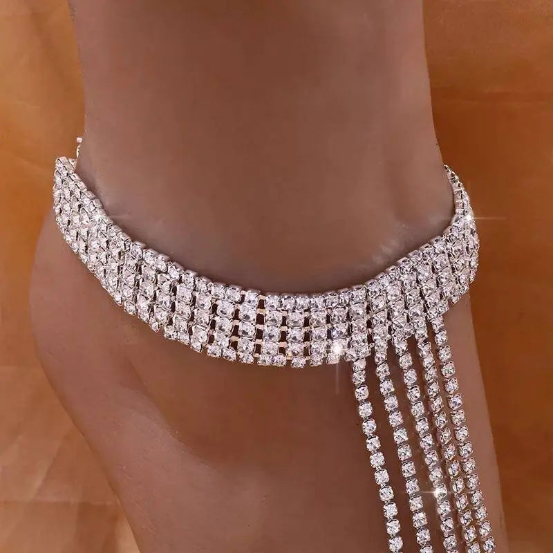 1 pc Multi-layeres Adjustable Chain Barefoot Sandals Beach Wedding Jewelry Anklet with Rhinestone Toe Ring Leaf Bridal Toe JettsJewelers