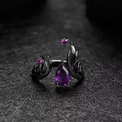 1.43Ct Amethyst Rings Angel's Wing Sterling Silver Handmade Birthstone Ring for Women Birthday Jewelry Gifts Adjustable February Birthstone - JettsJewelers