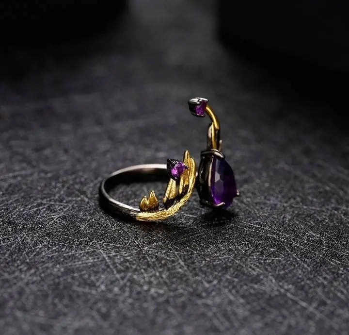 1.43Ct Amethyst Rings Angel's Wing Sterling Silver Handmade Birthstone Ring for Women Birthday Jewelry Gifts Adjustable February Birthstone - JettsJewelers