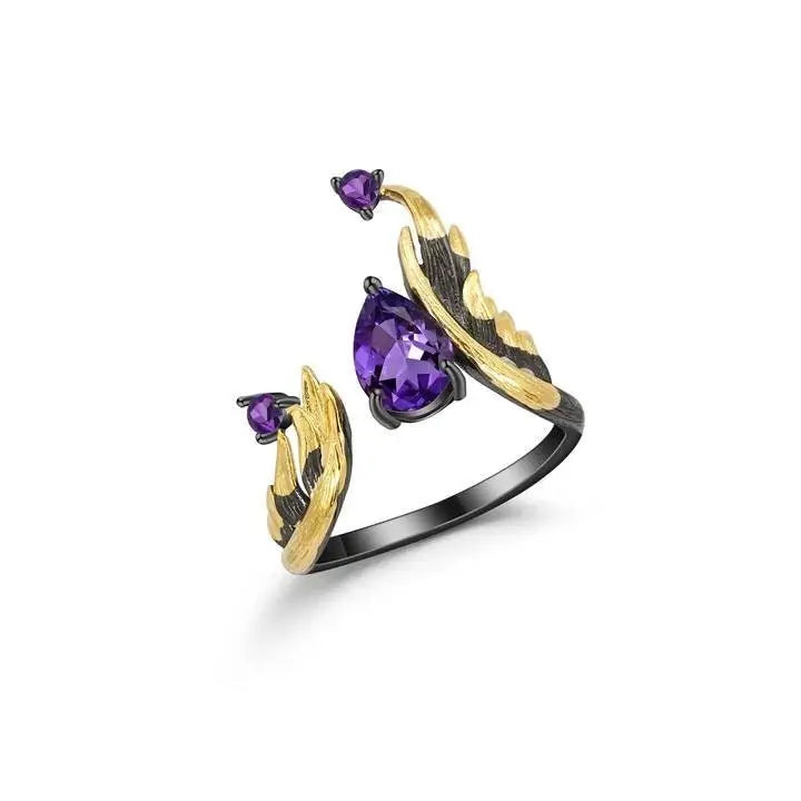 1.43Ct Amethyst Rings Angel's Wing Sterling Silver Handmade Birthstone Ring for Women Birthday Jewelry Gifts Adjustable February Birthstone - JettsJewelers