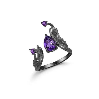 1.43Ct Amethyst Rings Angel's Wing Sterling Silver Handmade Birthstone Ring for Women Birthday Jewelry Gifts Adjustable February Birthstone - JettsJewelers