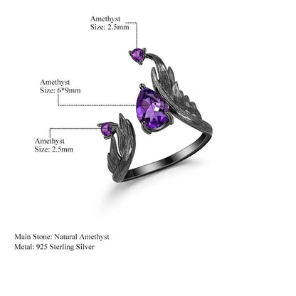 1.43Ct Amethyst Rings Angel's Wing Sterling Silver Handmade Birthstone Ring for Women Birthday Jewelry Gifts Adjustable February Birthstone - JettsJewelers