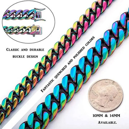 10,14mm Polished Stainless Solid Colorful Rainbow Cuban Link Chain Bracelet for Men and Women Hip Hop Personality Jewelry JettsJewelers