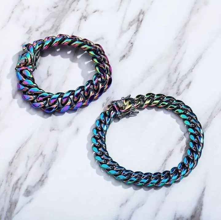 10,14mm Polished Stainless Solid Colorful Rainbow Cuban Link Chain Bracelet for Men and Women Hip Hop Personality Jewelry JettsJewelers