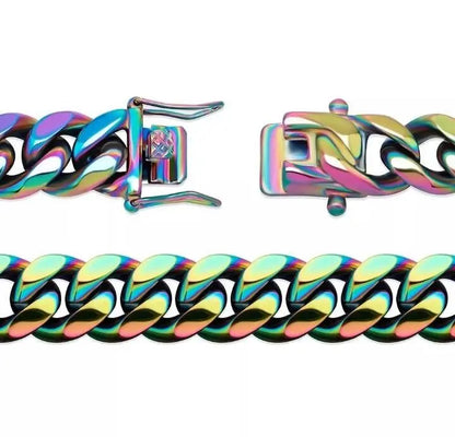 10,14mm Polished Stainless Solid Colorful Rainbow Cuban Link Chain Bracelet for Men and Women Hip Hop Personality Jewelry JettsJewelers