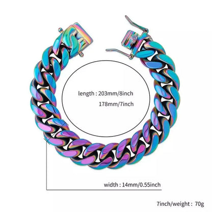10,14mm Polished Stainless Solid Colorful Rainbow Cuban Link Chain Bracelet for Men and Women Hip Hop Personality Jewelry JettsJewelers