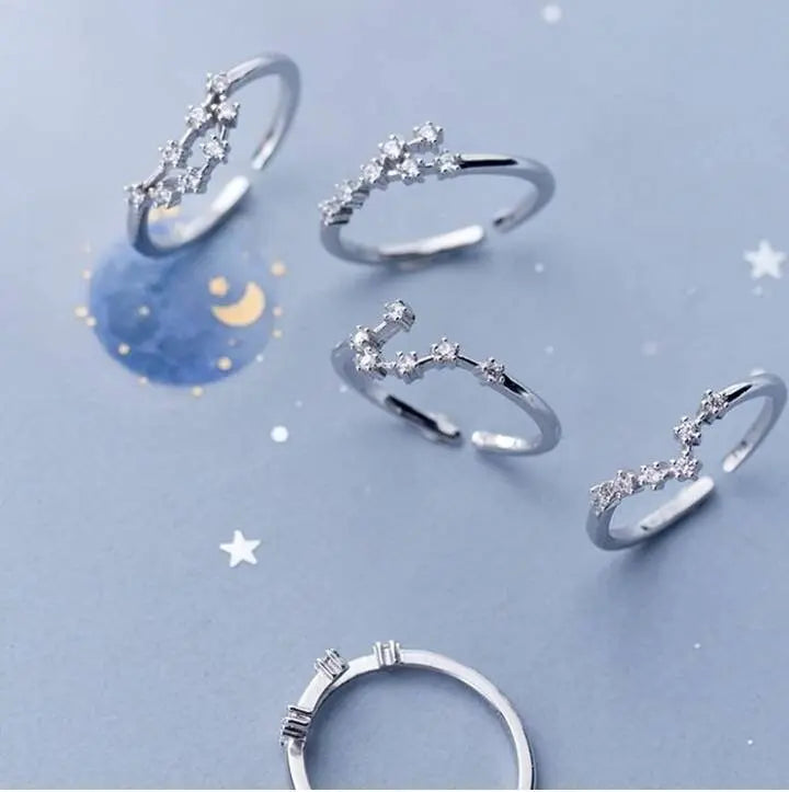 12 Constellation Ring Sterling Silver Cubic Zirconia Adjustable Open Ring CZ Zodiac Middle Finger Pinky Ring Size 4.25-8 - JettsJewelers
