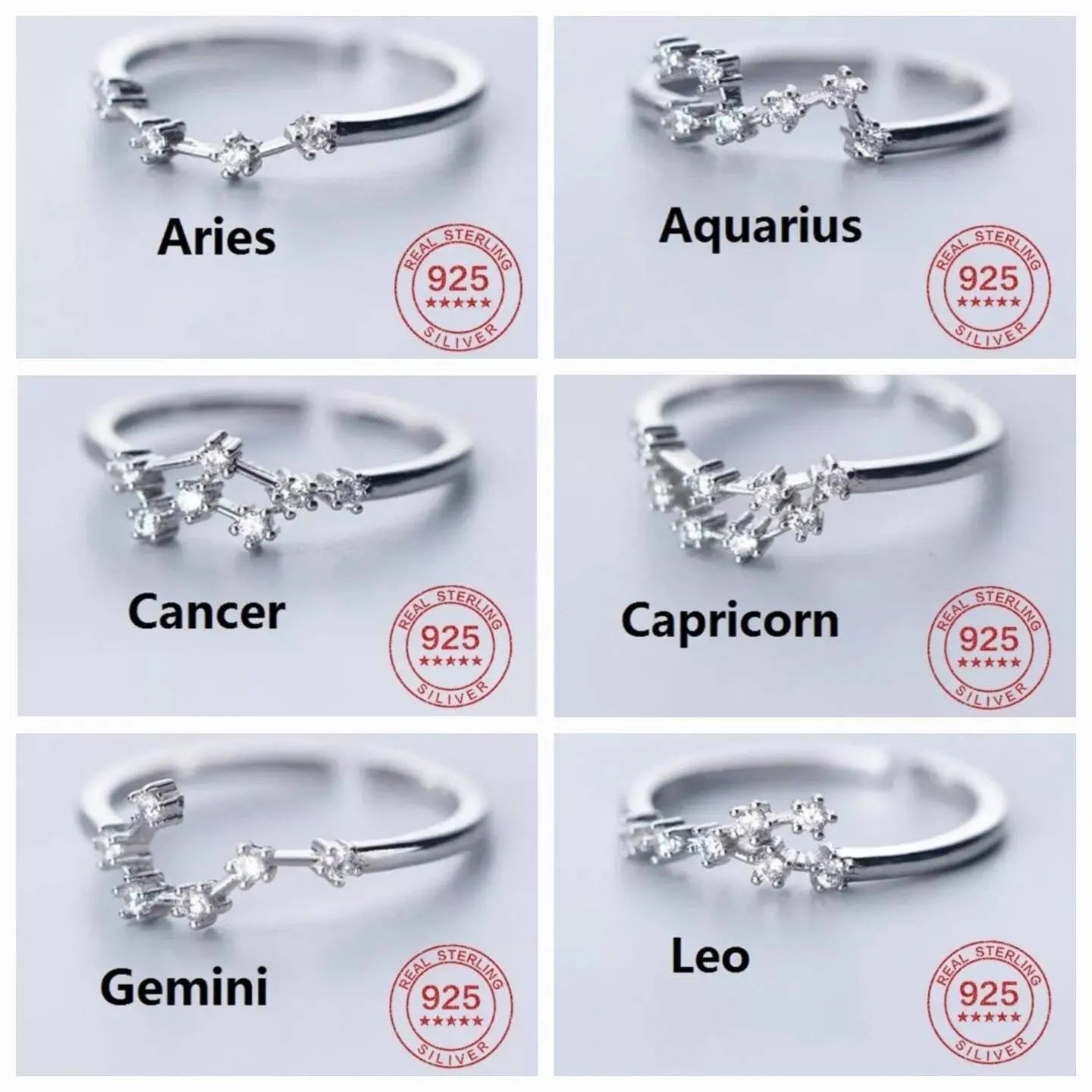 12 Constellation Ring Sterling Silver Cubic Zirconia Adjustable Open Ring CZ Zodiac Middle Finger Pinky Ring Size 4.25-8 - JettsJewelers