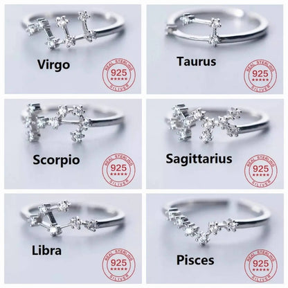 12 Constellation Ring Sterling Silver Cubic Zirconia Adjustable Open Ring CZ Zodiac Middle Finger Pinky Ring Size 4.25-8 JettsJewelers