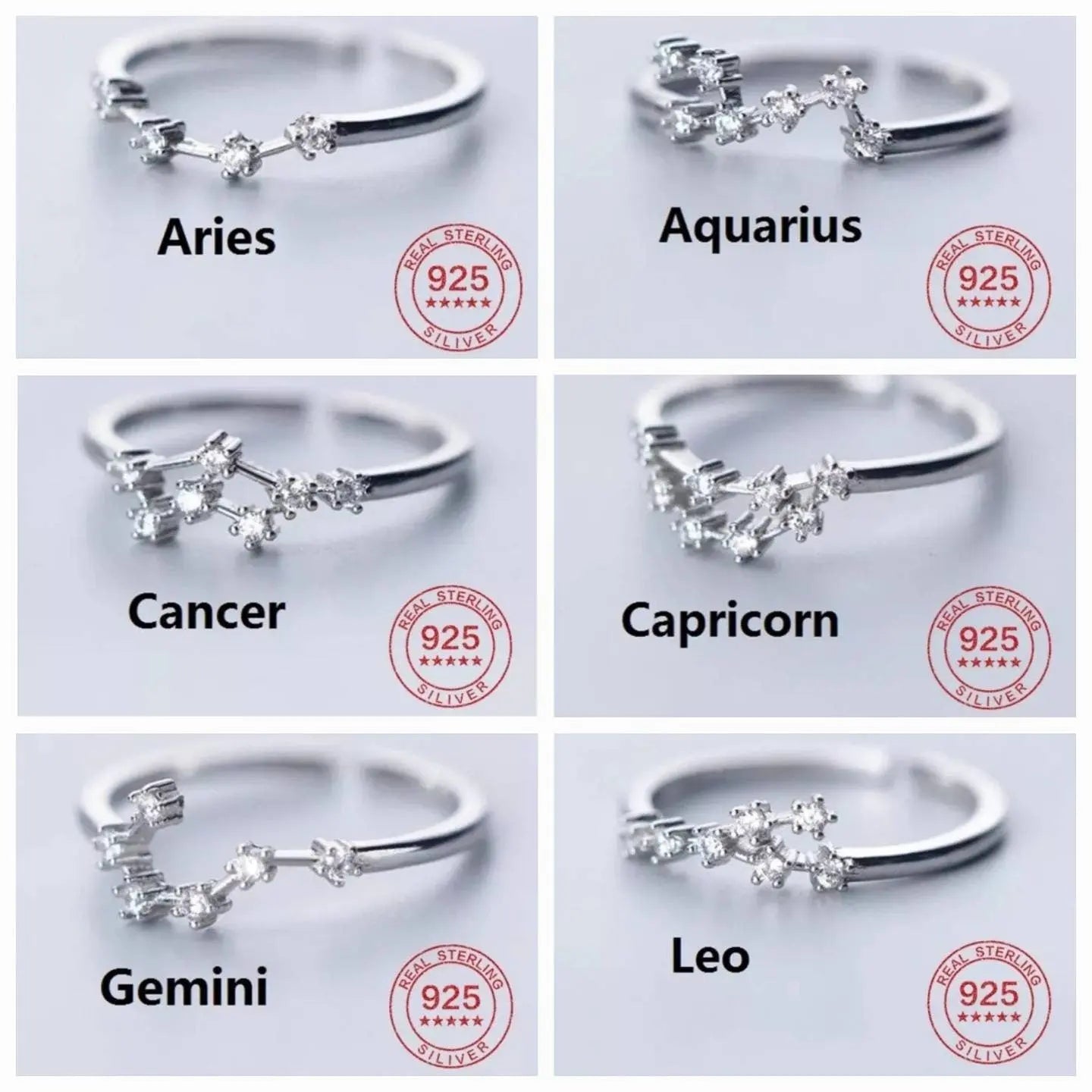 12 Constellation Ring Sterling Silver Cubic Zirconia Adjustable Open Ring CZ Zodiac Middle Finger Pinky Ring Size 4.25-8 JettsJewelers