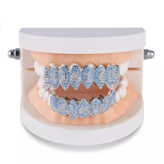 1414 Shark Vampire 14K Gold Plated 8 Fang Iced Out CZ Lab Diamond Aquamarine Zircon 14 Vampire Grillz for Your Teeth Top and Bottom Grills - JettsJewelers
