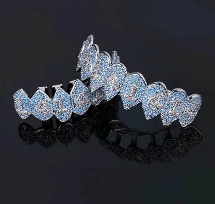 1414 Shark Vampire 14K Gold Plated 8 Fang Iced Out CZ Lab Diamond Aquamarine Zircon 14 Vampire Grillz for Your Teeth Top and Bottom Grills - JettsJewelers