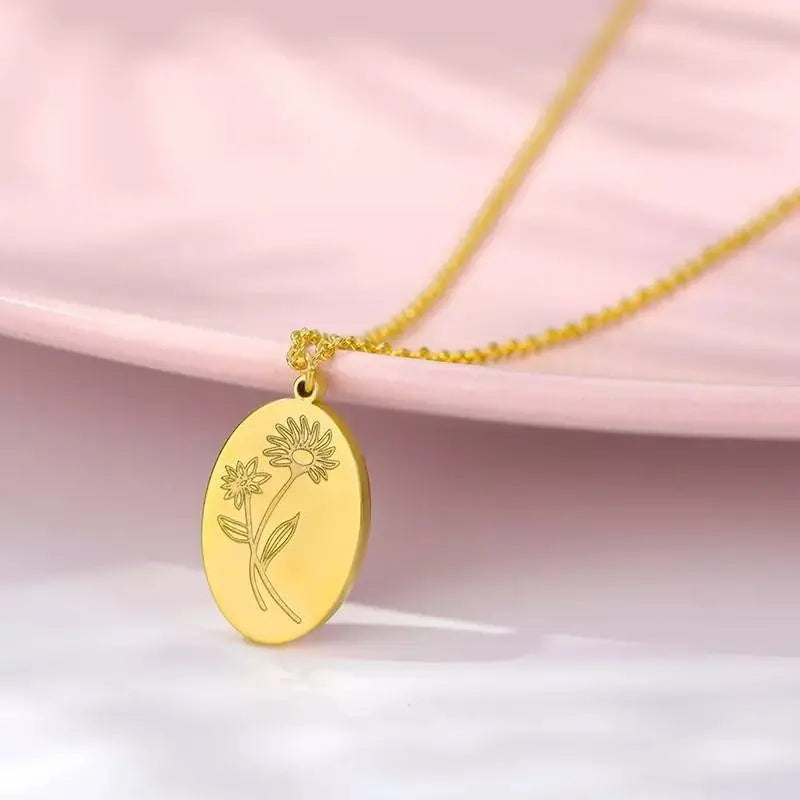 14K Gold Plated Birth Flower Necklace Coin Pendant Personalized Gift for Women Girls 12 Months Constellation Birth Month Flower Necklace JettsJewelers